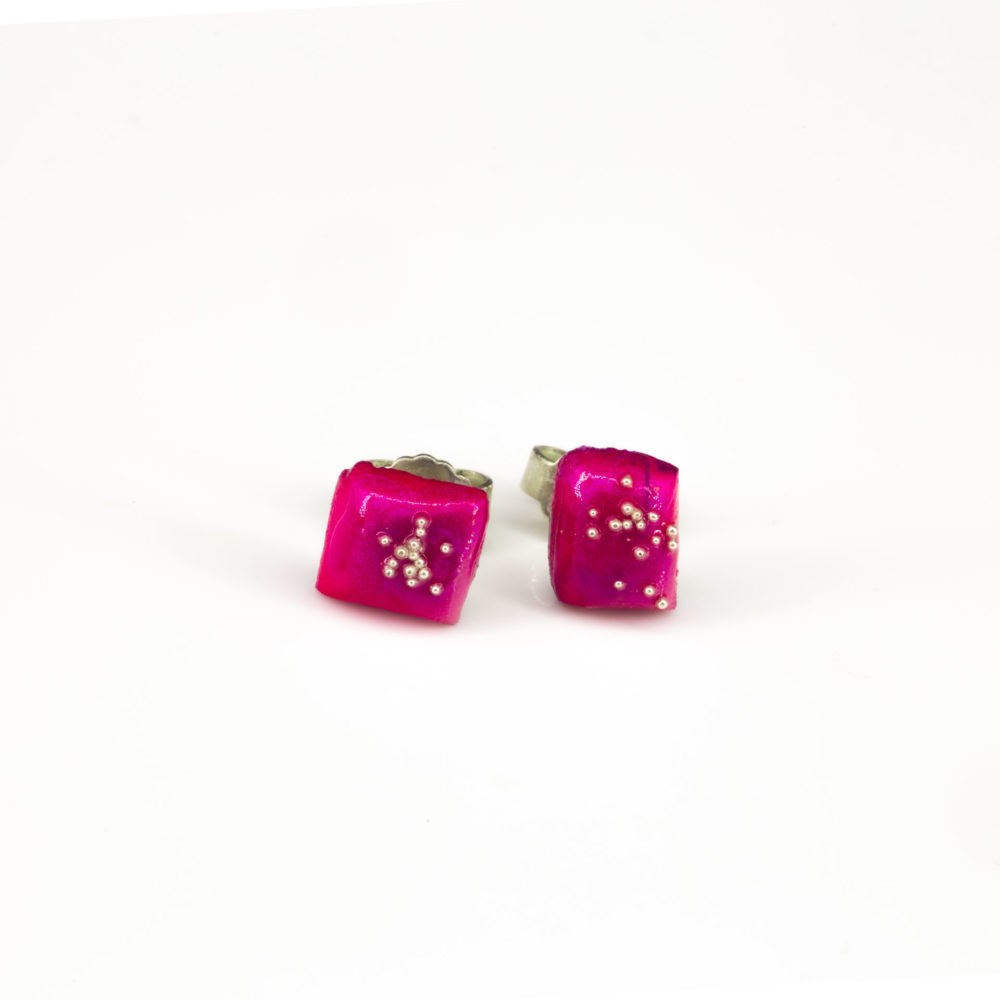 Petite magenta wood earrings